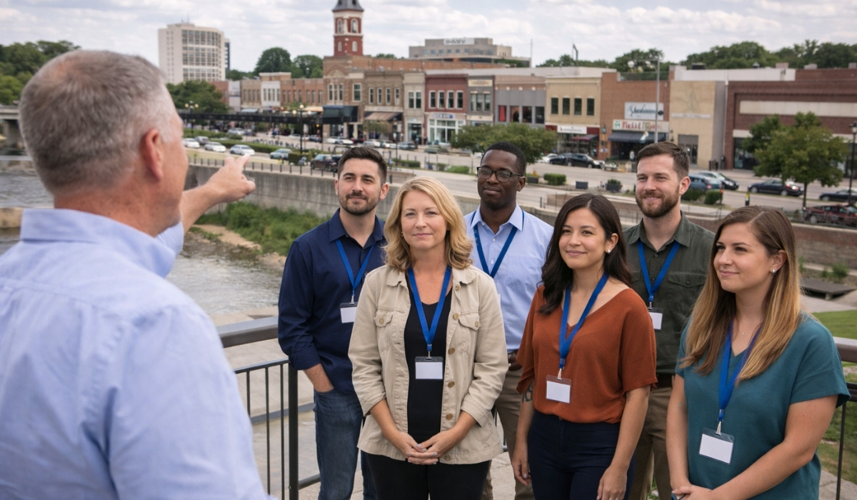 A group of young professionals learn about their community in an outdoor session as part of a community leadership program.