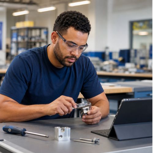 A new manufacturing trainee wearing safety glasses stands at a clean workbench with basic tools, a small parts assembly, and a tablet or laptop showing training content. The setting should suggest an approachable first step into manufacturing, not advanced machinery.