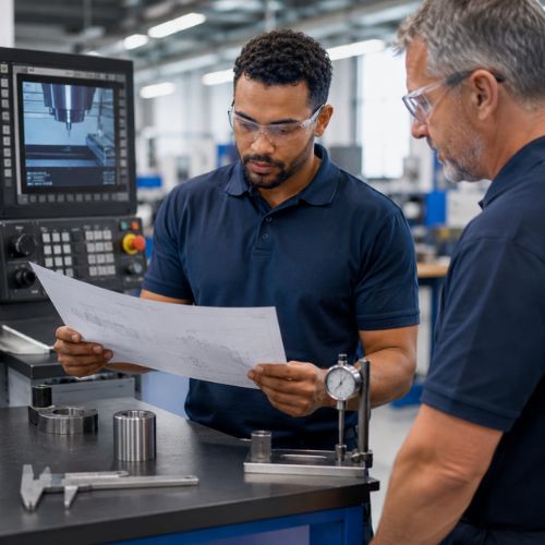 A manufacturing employee reviews a blueprint or digital production plan beside a machine control panel or quality inspection station.
