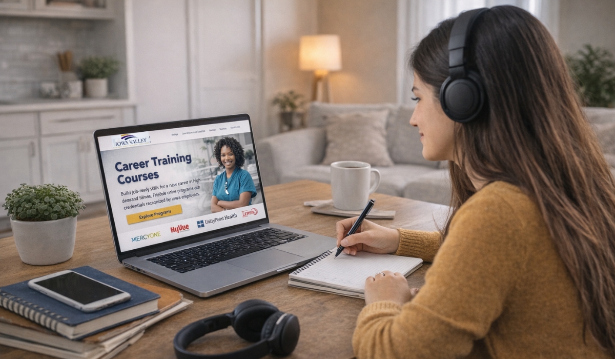 A young nursing student is beginning online coursework for healthcare training on her laptop.
