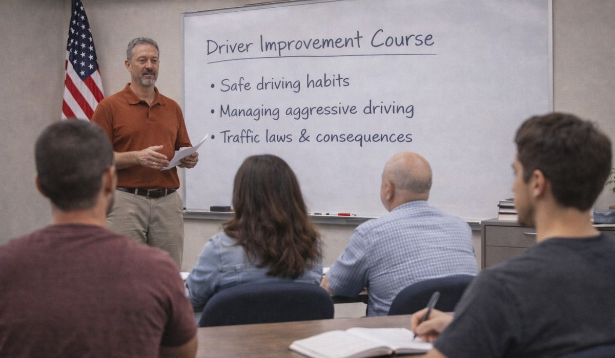 A group of students in a mandated driving improvement course face an instructor who is lecturing them on safe driving habits.